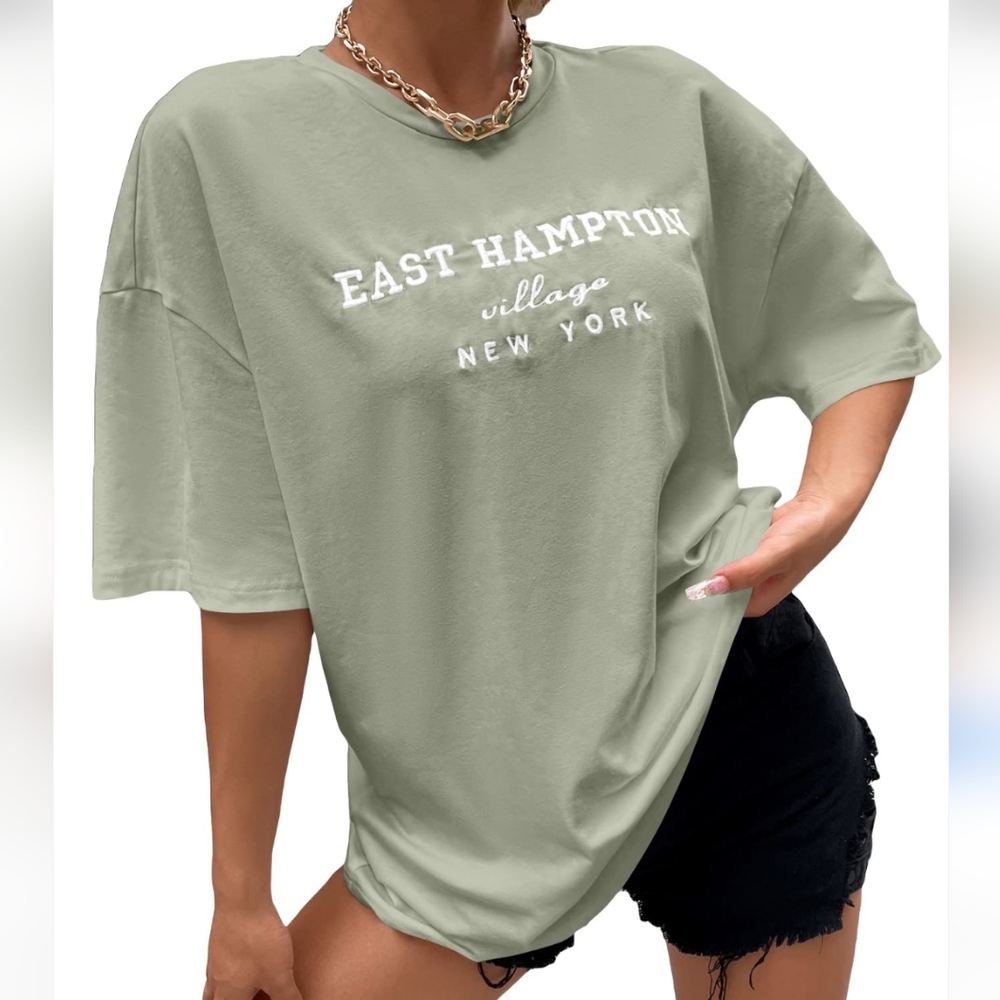 SHEIN - Oversized Short Sleeve Embroidered New York Tee Green Unisex Small